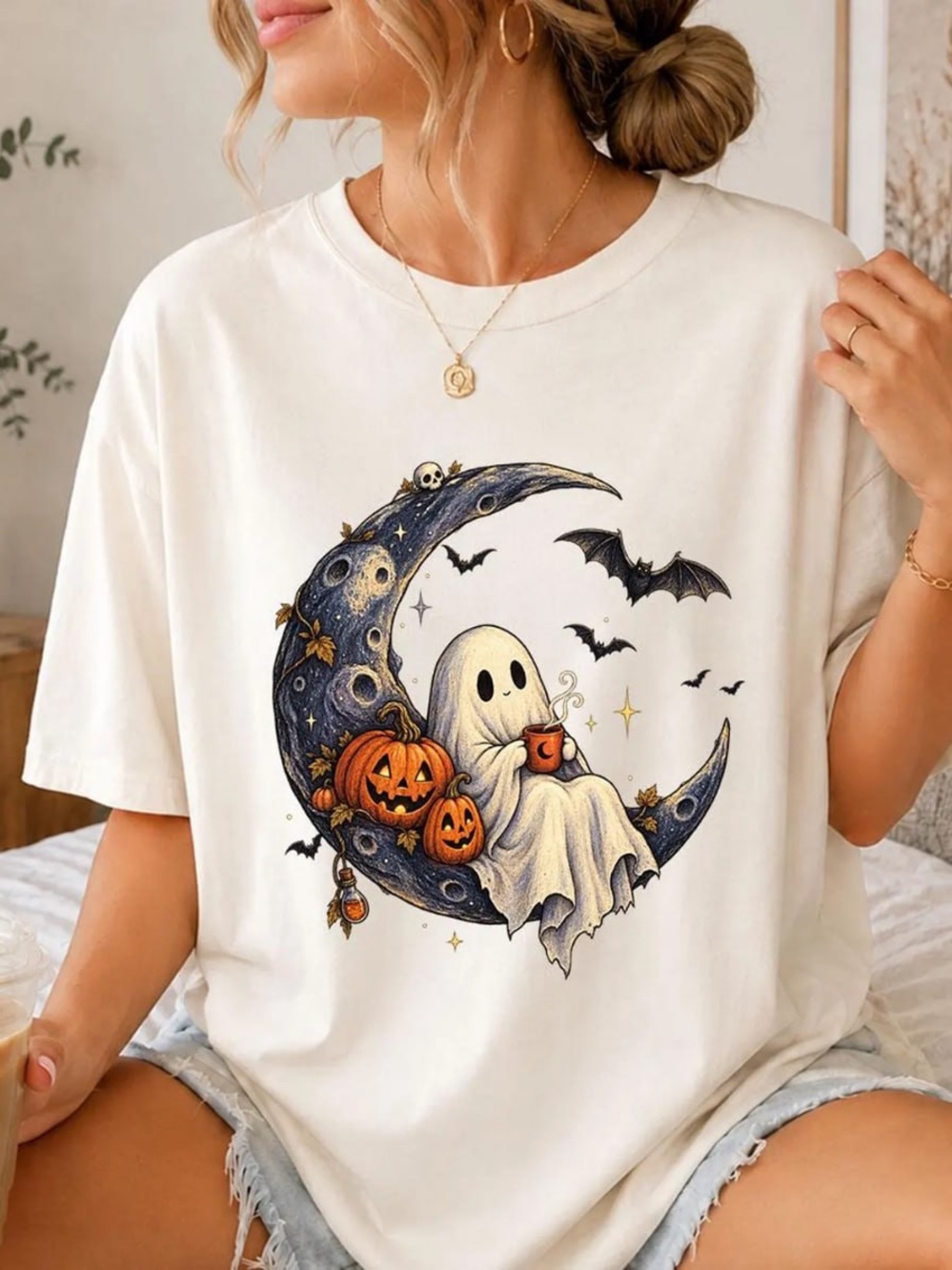 Women's Off White Halloween Graphic Tee with Ghost & Moon